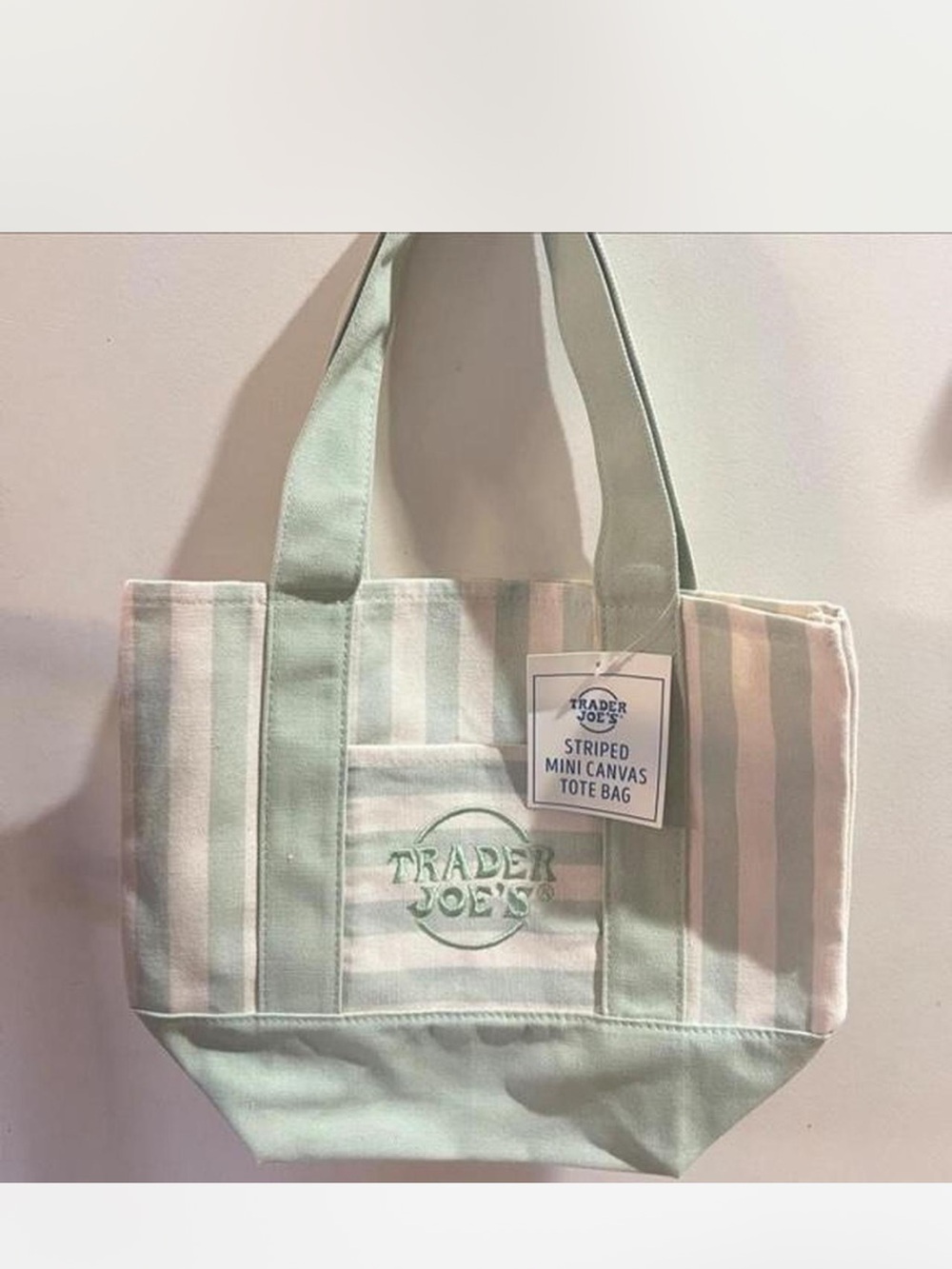 Trader Joe’s Striped Mini Canvas Tote Bag- pink, green, cream - Picture 2 of 3